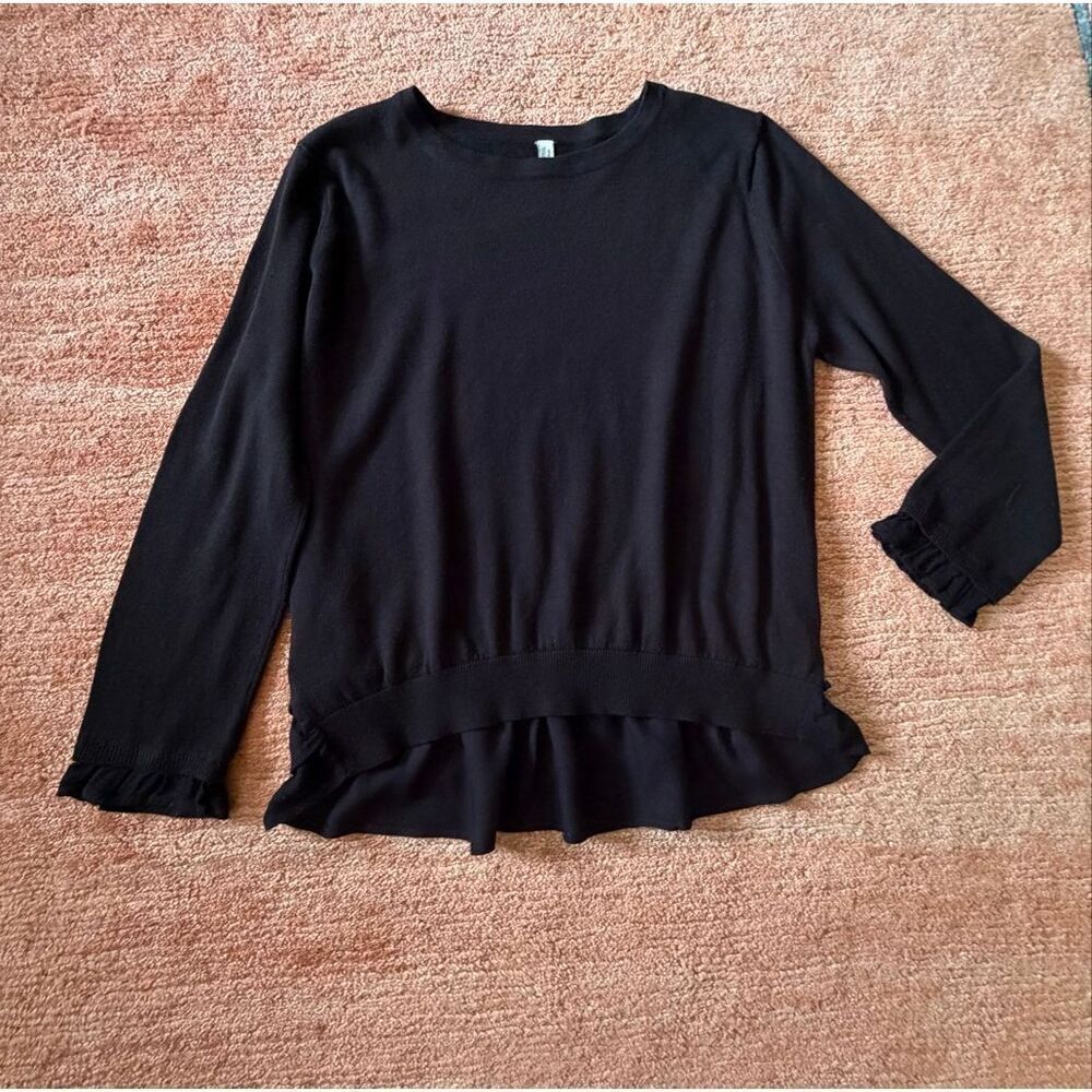 Bluesteel Black Knit Sweater Top Back Ruffle Detail Long Sleeve Size G